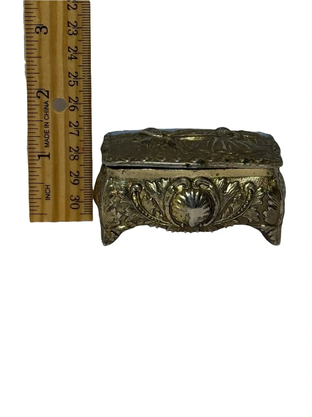 Vintage Repousse Metal Enamel Trinket Jewelry Box Courting Couple Made in Japan